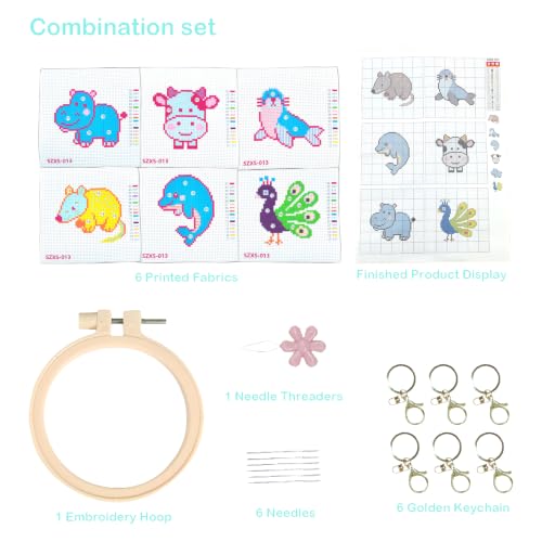 57lilina Easy Embroidery Kit for Kids Beginners, 6 Set Cute Stamped Pattern - color: Ant Eating Beast+Cow+Peacock+Dolphin+Manatee+Sea Lion