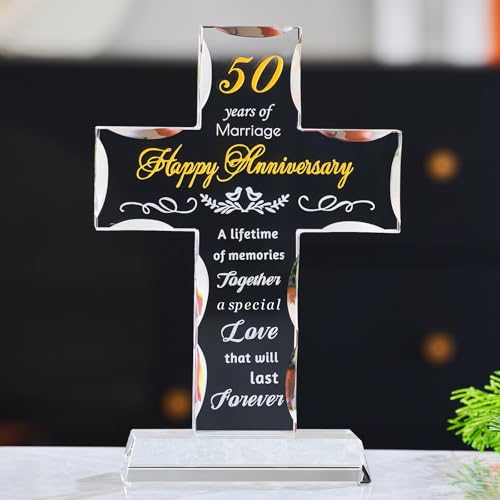 50th Wedding Anniversary Religious Cross Gifts for Women Men, 50 Year Anniversary Romantic Gift for Him Her, Laser Engraved Glass Standing Cross Keepsake for Couple, 50 Years of Marriage Present(50th Anniversary)