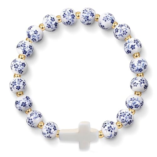 Cross Bracelet for Women - Christian Cross Beaded Bracelet Religious Jewelry for Women, Catholic Confirmation Gifts Inspirational Stretch with Charm, Meaningful Confirmation Jewelry Gifts - color: Blue