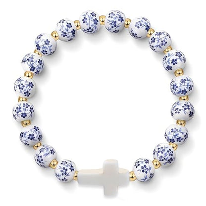 Cross Bracelet for Women - Christian Cross Beaded Bracelet Religious Jewelry for Women, Catholic Confirmation Gifts Inspirational Stretch with Charm, Meaningful Confirmation Jewelry Gifts - color: Blue