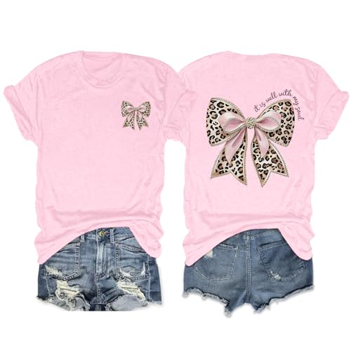 Leopard Bow Shirt Cheetah Bow Shirt Christian Shirts for Women Faith Bible Verse Shirts God Coquette Graphic Tees - color: Pink, size: X-Large