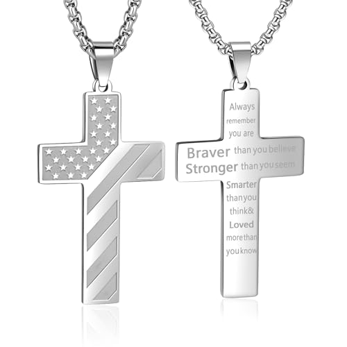 American Flag Cross Necklace for Men, Christian Confirmation Baptism Gifts - color: Silver, style: Brave Strong