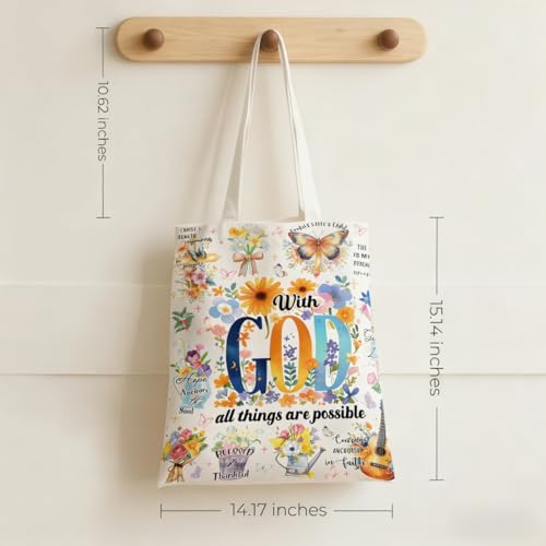 Canvas Tote Bags Reusable Shopping Bag for Women with Zippered Inner Pocket Magnetic Snap Closure - color: God