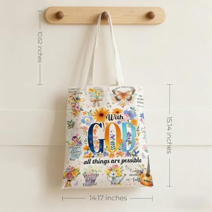 Canvas Tote Bags Reusable Shopping Bag for Women with Zippered Inner Pocket Magnetic Snap Closure - color: God