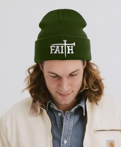 Christian Jesus Cross Beanie - Faith Winter Beanie Hats for Men Women - Religious Gifts for Christmas & New Years - color: Faith-white Cross/Olive Green