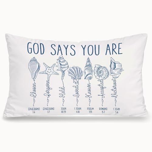 Blue Beach Ocean Christian 12x20 Pillow Cover, Christian Home Decor, God Says You are Bible Verse Coastal Decorative Throw Pillow Covers Pillowcases for Home Bedroom Living Room Decor - color: Bible - Seashell (White02)