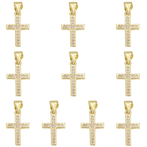 10Pcs Gold Cross Charms for Jewelry Making Bulk Religious Christianity Crystal Charms Brass Cubic Zirconia Pendants for Earring Bracelet Necklace DIY Supplies
