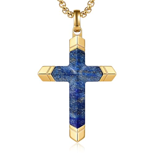 Lapis Lazuli/Amethyst Cross Necklace for Men Waterproof and Sweat-Resistant Suitable for both men and women With Adjustable Box Chain Christian Jewelry Father Day Gifts for Men - color: Blue&Gold