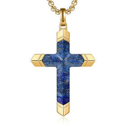 Lapis Lazuli/Amethyst Cross Necklace for Men Waterproof and Sweat-Resistant Suitable for both men and women With Adjustable Box Chain Christian Jewelry Father Day Gifts for Men - color: Blue&Gold