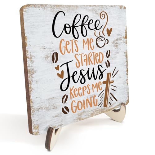 Inspirational Coffee Sign Rustic Desk Decor Decorative Christian Religious Bible Verse Faith Decoration for Home Farmhouse Bedroom Office Coffee Bar Table Shelf Tiered Tray Plaque with Wood Stand - color: multicolour0345