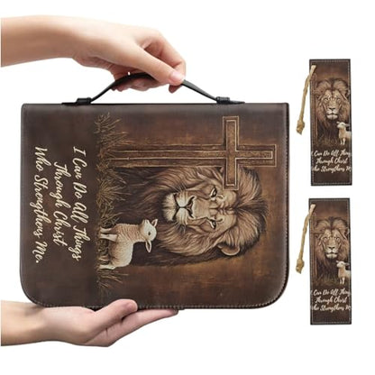 Faux Leather Bible Cover Church Bible Bag with 2 Pcs Bookmarks Brown Cross Lion Lamb Print Book Covers Carrying Bible Case with Zippered Pockets for Prayer, 2XL - color: Brown Cross Lion Lamb, size: XX-Large