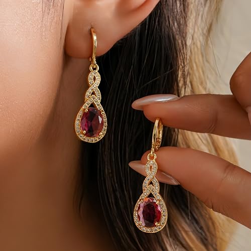 18K Gold Plated, Dangle Earrings for Women, Flower/Heart Drop earrings, Hypoallergenic Cubic Zirconia Earrings, Lightweight, Party, gold earrings, Jewelry for Gifts, Fashion - style: 0470-Red