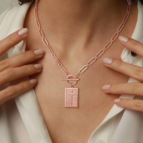 CHESKY Cross Necklace for Women Trendy, Dainty 14K Gold Plated Paperclip Charm Necklace for Womens Chunky Cross Pendant Necklace Gold Jewelry Religious Christian Gifts for Christians - color: Cross-RG