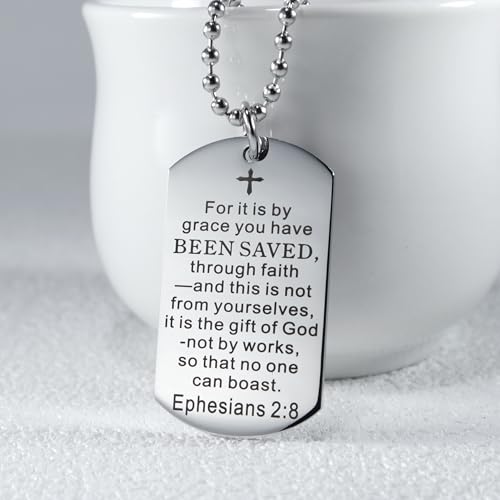 Christian Scripture Religious Dog Tag Necklace,Catholic Bible Verse Baptism Confirmation Sacrament Gifts - style: Ephesians 2:8
