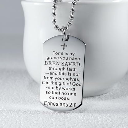 Christian Scripture Religious Dog Tag Necklace,Catholic Bible Verse Baptism Confirmation Sacrament Gifts - style: Ephesians 2:8