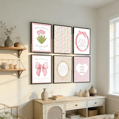6Pcs Pink Bible Verses Wall Art Christian Floral Pictures 12x16in Unframed - color: Pink Poster, size: 16L"X12W"