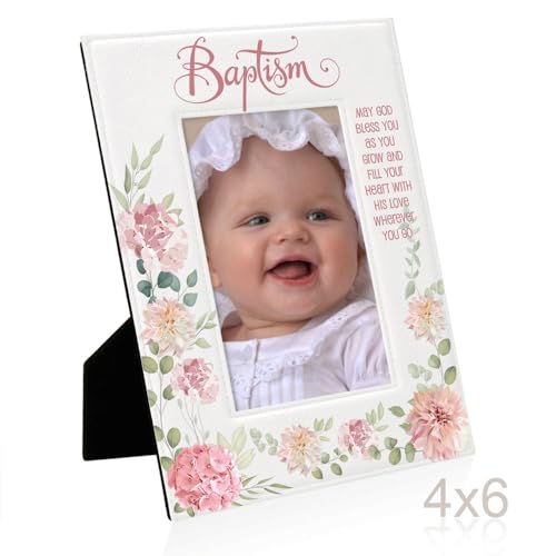 KATE POSH Baptism Picture Frame for Girl, Pink Flowers Decor, Christening, Religisous Gift, From Godparents, New Baby (4x6-Vertical) - size: 4x6-Vertical