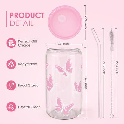 SANDJEST Butterfly 16 Oz Can Glass Tumbler with Acrylic Lid and Straw - Iced Coffee Cups for Women, Aesthetic Glass Cup Gift for Birthday Christmas - color: Butterfly 2