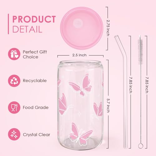 SANDJEST Butterfly 16 Oz Can Glass Tumbler with Acrylic Lid and Straw - Iced Coffee Cups for Women, Aesthetic Glass Cup Gift for Birthday Christmas - color: Butterfly 2