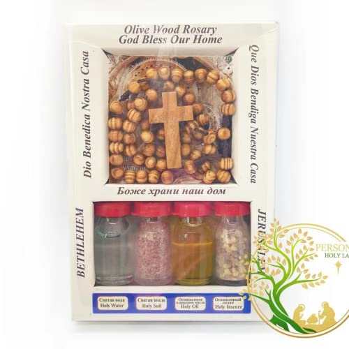 Holy Water | Olive Oil | Holy Land Soil & Frankincense from Bethlehem | Comes with Olive Wood Rosary | Religious Gift