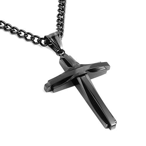HZMAN Mens Polished Stainless Steel Silver Cross Pendant Necklace - color: Black