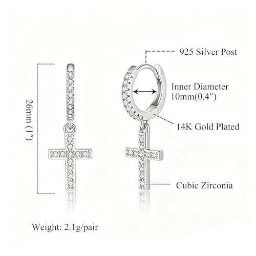 Cross Dangle Hoop Earrings for Women with CZ Stones - color: Silver