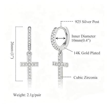 Cross Dangle Hoop Earrings for Women with CZ Stones - color: Silver