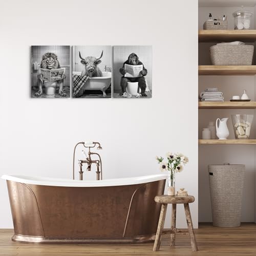 Funny Animal Canvas Wall Art - Black and White Bathroom Decor, Set of 3 Ready to Hang (12''x16'') - color: Bathroom