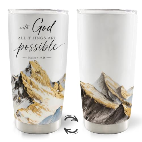 Christian Bible Verse 20oz Travel Coffee Mug Tumbler, Christian Religious Gifts for Women, with God All Things Are Possible Mountain Landscape Stainless Steel Tumbler with Lid and Straw - color: withgod