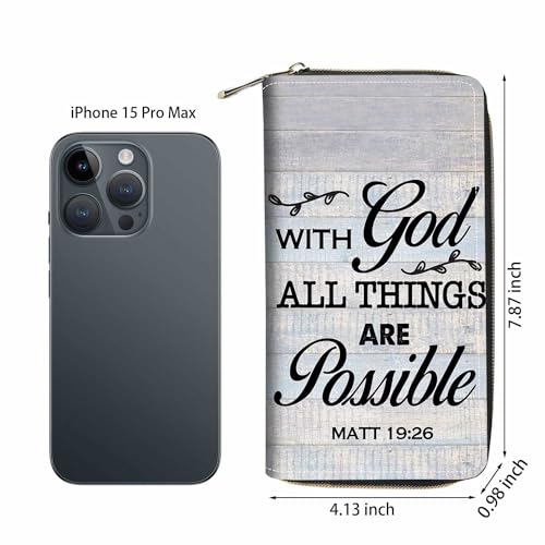 Quote Bible Verse Matthew 19:26 Print Wallet for Women Large Capacity Wallet Credit Card Holder PU Leather Zipper Clutch Purse Phone Wallet - color: Quote Bible Verse Matthew 19:26
