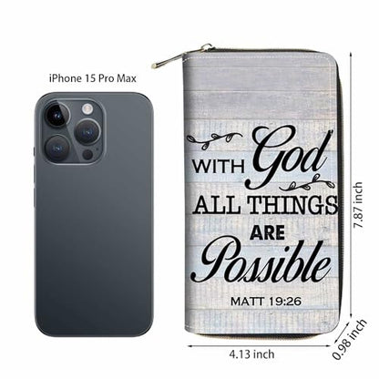 Quote Bible Verse Matthew 19:26 Print Wallet for Women Large Capacity Wallet Credit Card Holder PU Leather Zipper Clutch Purse Phone Wallet - color: Quote Bible Verse Matthew 19:26