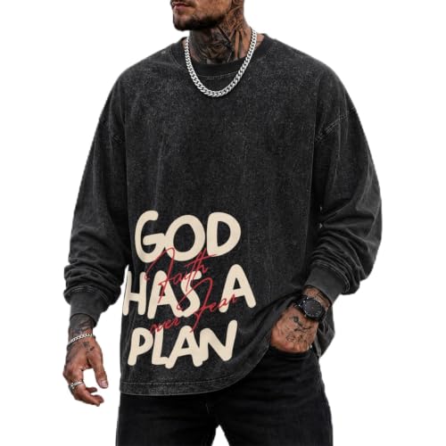 Mens Christian Long Sleeve Shirt Faith Over Fear God Jesus Faith Acid Wash T Shirt Religious Graphic Tee Vintage Top - color: Black, size: Medium