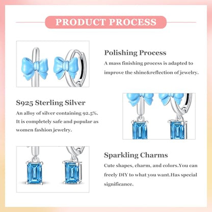925 Sterling Silver Cute Animal Unique Huggie Hoop Earrings for Women - color: Blue Bow