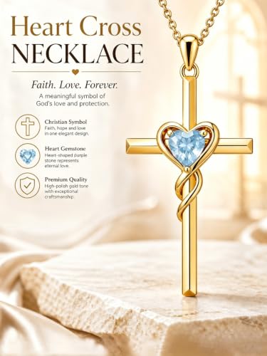 Birthstone Cross Necklace for Women 14K Gold Plated Heart Infinity Cross Pendant Necklace Christian Religious Jewelry Anniversary Birthday Gifts for Wife Mom Her - color: Mar/Aquamarine