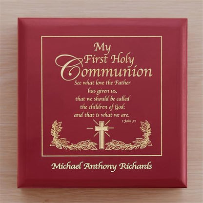 Let's Make Memories Personalized Communion Keepsake Box - Scripture - Sacrament - Religious Keepsake - First Communion - Natural Wood - Cherry Finish - Inspirational Verse - 6.75”Lx6.75”W - style: Scripture - Communion