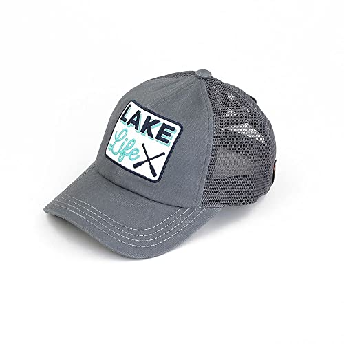 C.C Ponycap Messy High Bun Ponytail Adjustable Mesh Trucker Baseball Cap Hat - color: Criss Cross Patch Lake Life, Gray