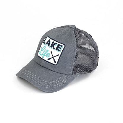 C.C Ponycap Messy High Bun Ponytail Adjustable Mesh Trucker Baseball Cap Hat - color: Criss Cross Patch Lake Life, Gray