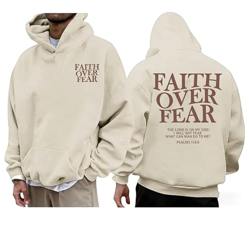 Faith Over Fear Hoodie Men Christian Sweatshirt Religious Sayings Pullover Vintage Bible Verse Inspirational Top - color: Apricot, size: Medium