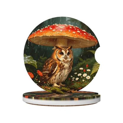 Owl Under Mushroom Car Cup Holder Coasters Absorbent Ceramic Coaster - color: Black