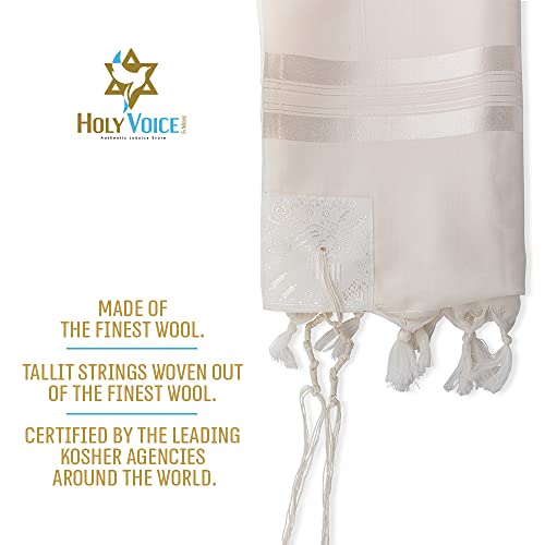 HOLY VOICE 100% Wool Tallit Prayer Shawl Kosher Certified White with Stripes for Men, Made in Israel w/ 100% Wool Tzitzit - color: White Stripes, size: 51"x73"