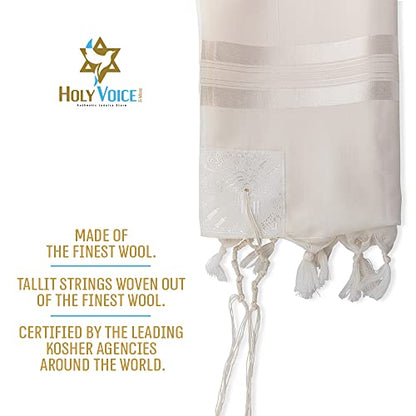 HOLY VOICE 100% Wool Tallit Prayer Shawl Kosher Certified White with Stripes for Men, Made in Israel w/ 100% Wool Tzitzit - color: White Stripes, size: 51"x73"