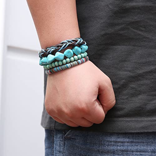 HZMAN Handmade Hemp Cords Wood Beads Leather Bracelets for Men Women - style: Turquoise