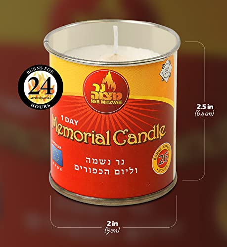 Ner Mitzvah 1 Day Yartzeit Candle - 24 Pack - 24 Hour Kosher Yahrtzeit Memorial and Yom Kippur Candle in Tin Cup Holder