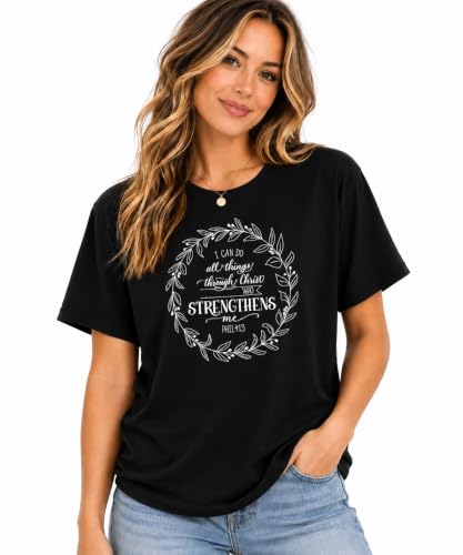Christian Shirts for Women, Bible Verse Scripture, Jesus Faith Graphic Tee - color: Philippians 4:13 Wreath — Black, size: Medium