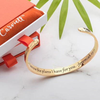 Carviell Bracelets for Women – 100+ Meaningful Engraved Messages – Solid 316L Surgical Stainless Steel Cuff Bracelet – Gift Ready - color: CHRISTIAN GIFT - For I know the plans I have for you – Jeremiah 29:11