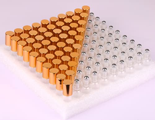 MaxMau Pack of 100,5ml Clear Glass Roll on Bottle Essential Oil Roller Bottles with Stainless Steel Roller Balls and Golden Painted Lids for Daily Aromatherapy Sample Test Travel - color: Clear Roller Bottles - 100 PACK