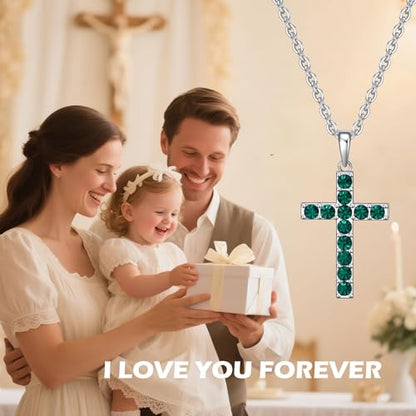 Birthstone Cross Necklace for Women,First Communion Gifts Easter Baptism Cross Jewelry Pendant Gift - color: 05May-Emerald Green