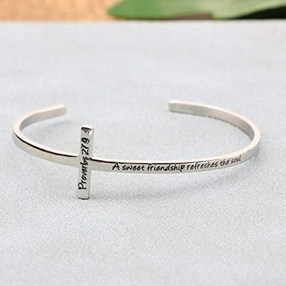 Memgift 𝐂𝐫𝐨𝐬𝐬 𝐁𝐫𝐚𝐜𝐞𝐥𝐞𝐭 Religious Cuff Bangle 𝐁𝐢𝐛𝐥𝐞 𝐕𝐞𝐫𝐬𝐞 Christian Gifts Jewelry for 𝐖𝐨𝐦𝐞𝐧 - style: Silver cuff-A sweet friendship refreshes the soul -Proverbs 27:9