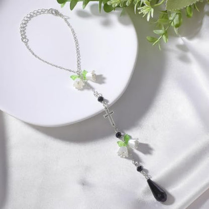 Black Flower Cross Car Rearview Mirror Charm Lily of Valley - color: Black - Flower