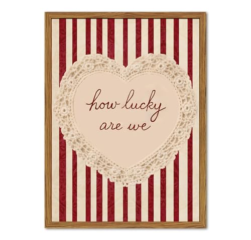 Framed How Lucky Are We Wall Art, Vintage Red Striped Pictures Wall Decor, Romantic Lace Heart Quote Paintings Canvas Prints Coquette Home Decor for Living Room Bedroom Bathroom 12x16 inch - color: Red Striped, size: 16"L x 12"W